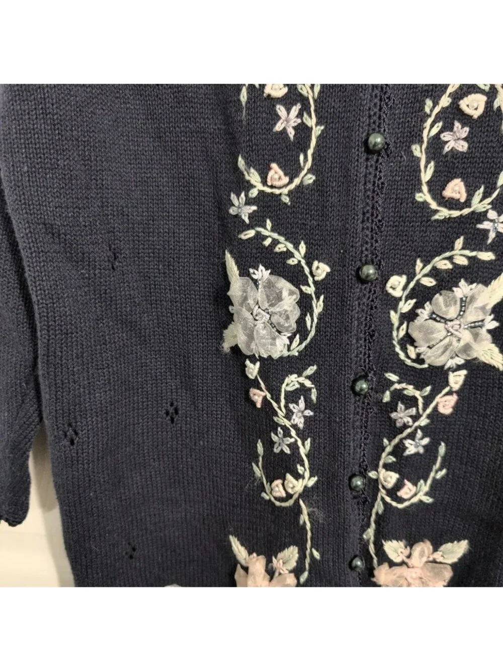 Vintage Embroidered Floral Cardigan Womens Size 2X Blue Cottagecore Coquette